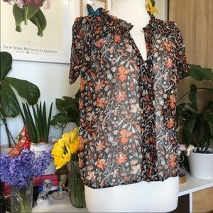 Joie Sheer Black Floral Blouse with Orange and Cream Flowers